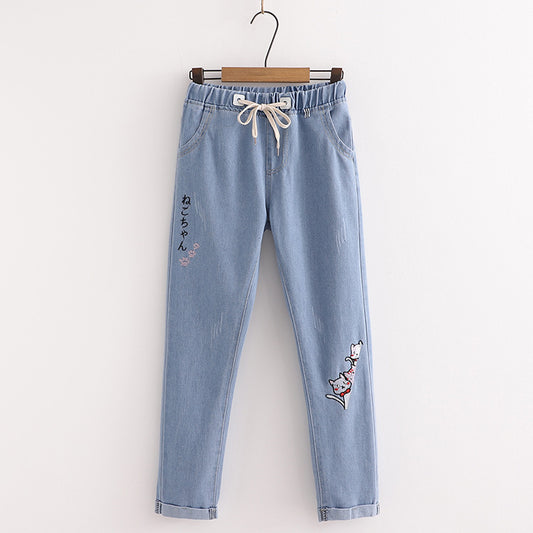 Fashion Embroidered Cat Denim Trousers For Women