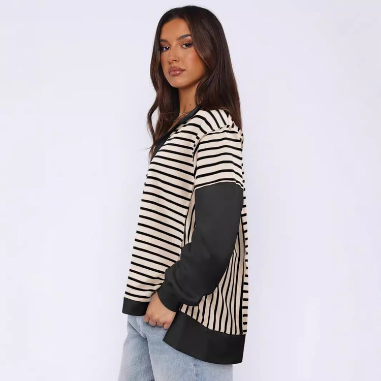 Fashion Loose Contrast Color Striped Sweater Split Women