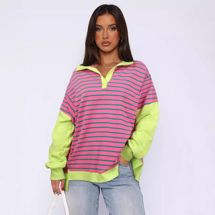 Fashion Loose Contrast Color Striped Sweater Split Women