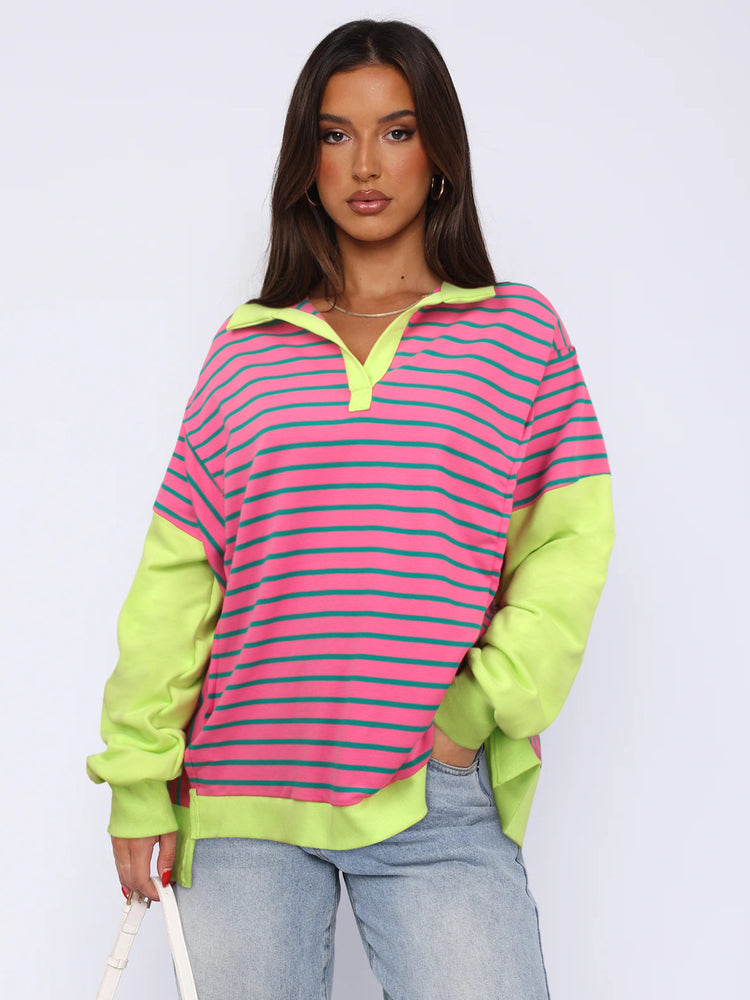 Fashion Loose Contrast Color Striped Sweater Split Women