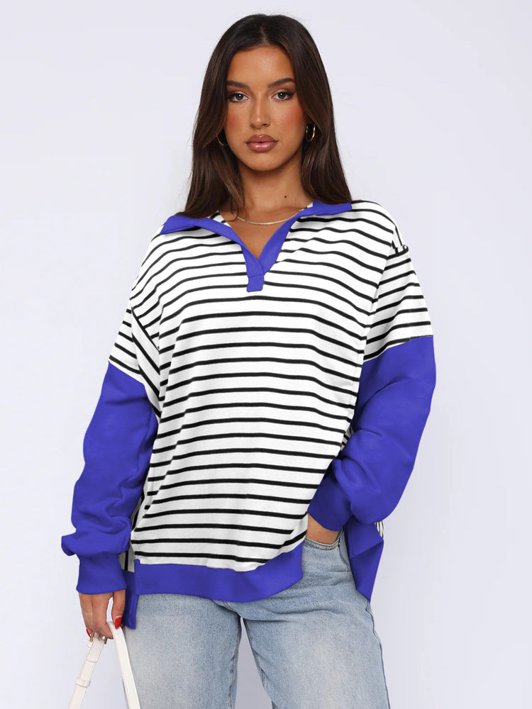 Fashion Loose Contrast Color Striped Sweater Split Women