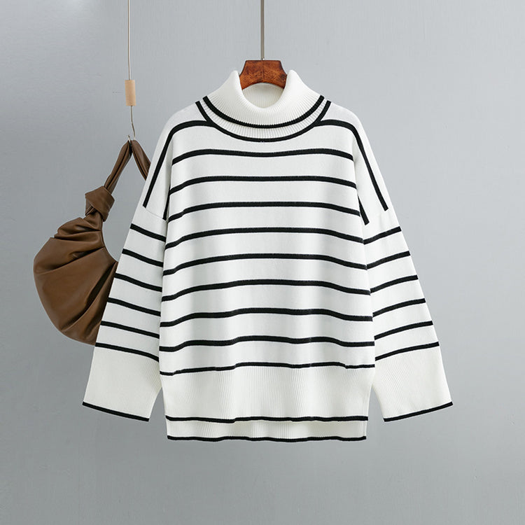 Loose Casual Contrast Color Striped Turtleneck Sweater