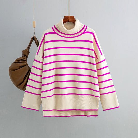 Loose Casual Contrast Color Striped Turtleneck Sweater