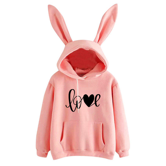 Hooded Rabbit Sweater Love Loose Casual Top