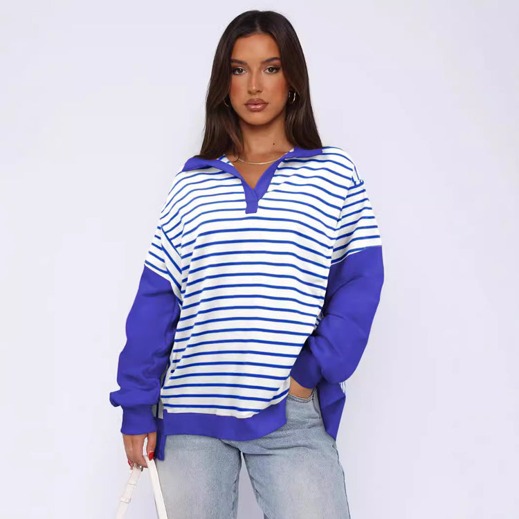 Fashion Loose Contrast Color Striped Sweater Split Women