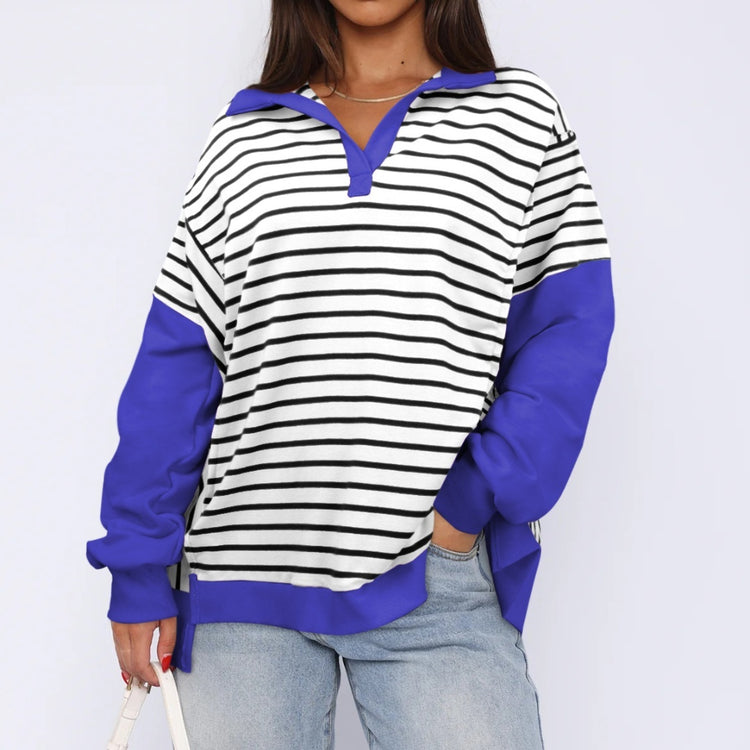 Fashion Loose Contrast Color Striped Sweater Split Women