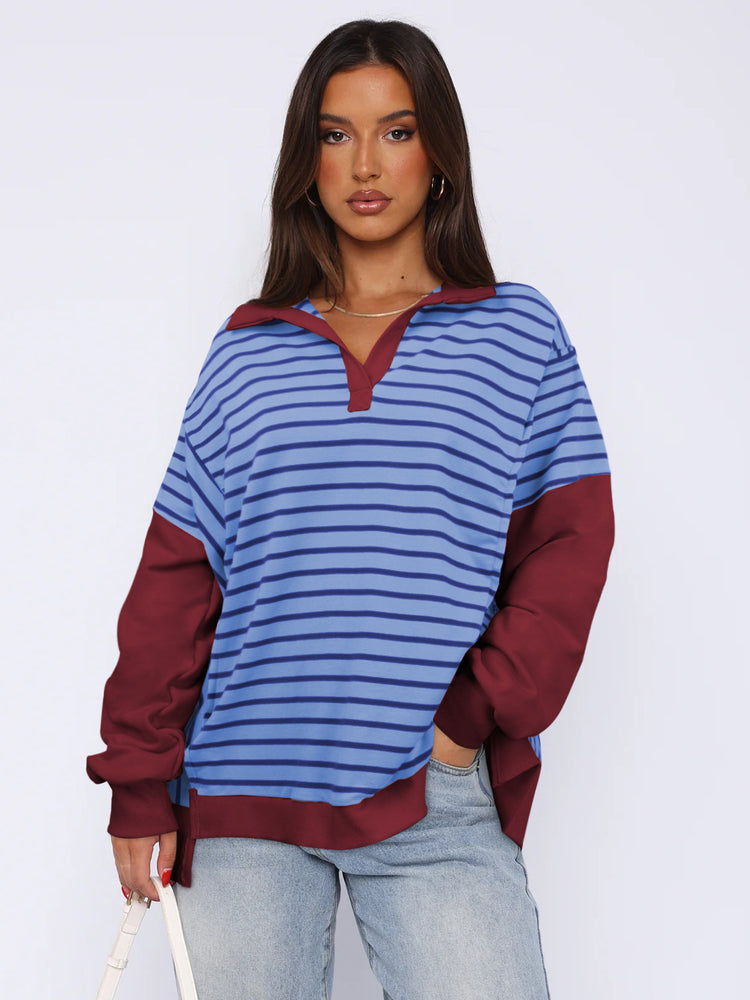 Fashion Loose Contrast Color Striped Sweater Split Women