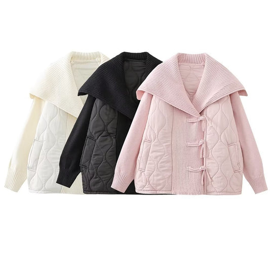 European And American Fashion Casual Loose Sailor Collar Patchwork Knitting Coat