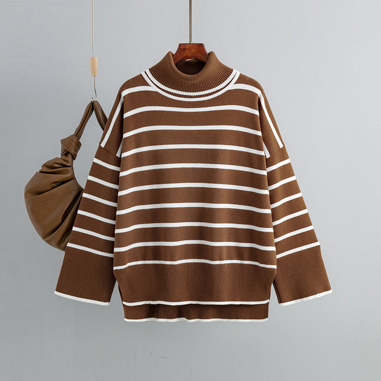 Loose Casual Contrast Color Striped Turtleneck Sweater