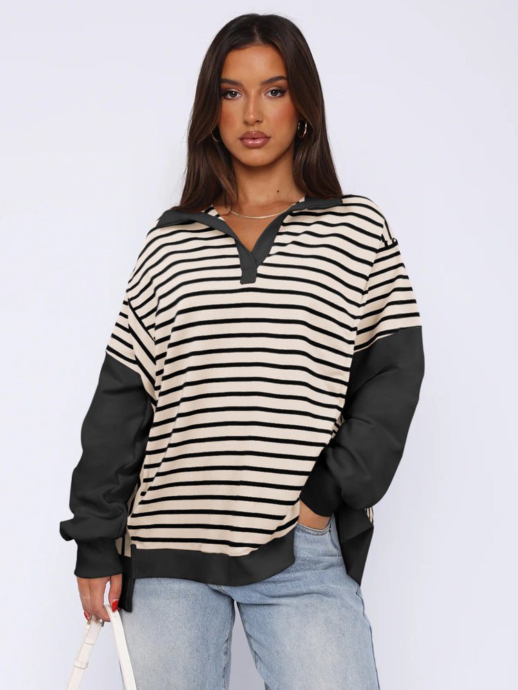 Fashion Loose Contrast Color Striped Sweater Split Women