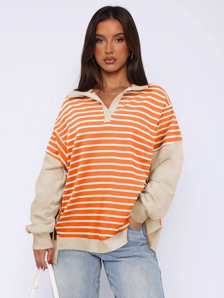 Fashion Loose Contrast Color Striped Sweater Split Women