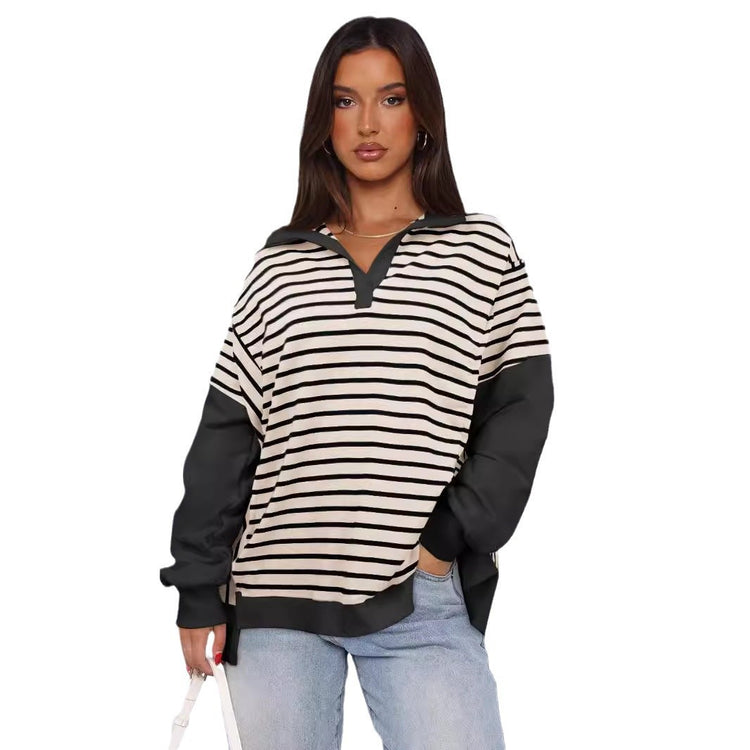 Fashion Loose Contrast Color Striped Sweater Split Women